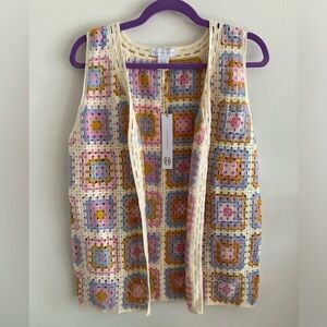 House of Harlow 1960 Pastel Crochet Knit Open Vest OS Festival Granny Cottage
